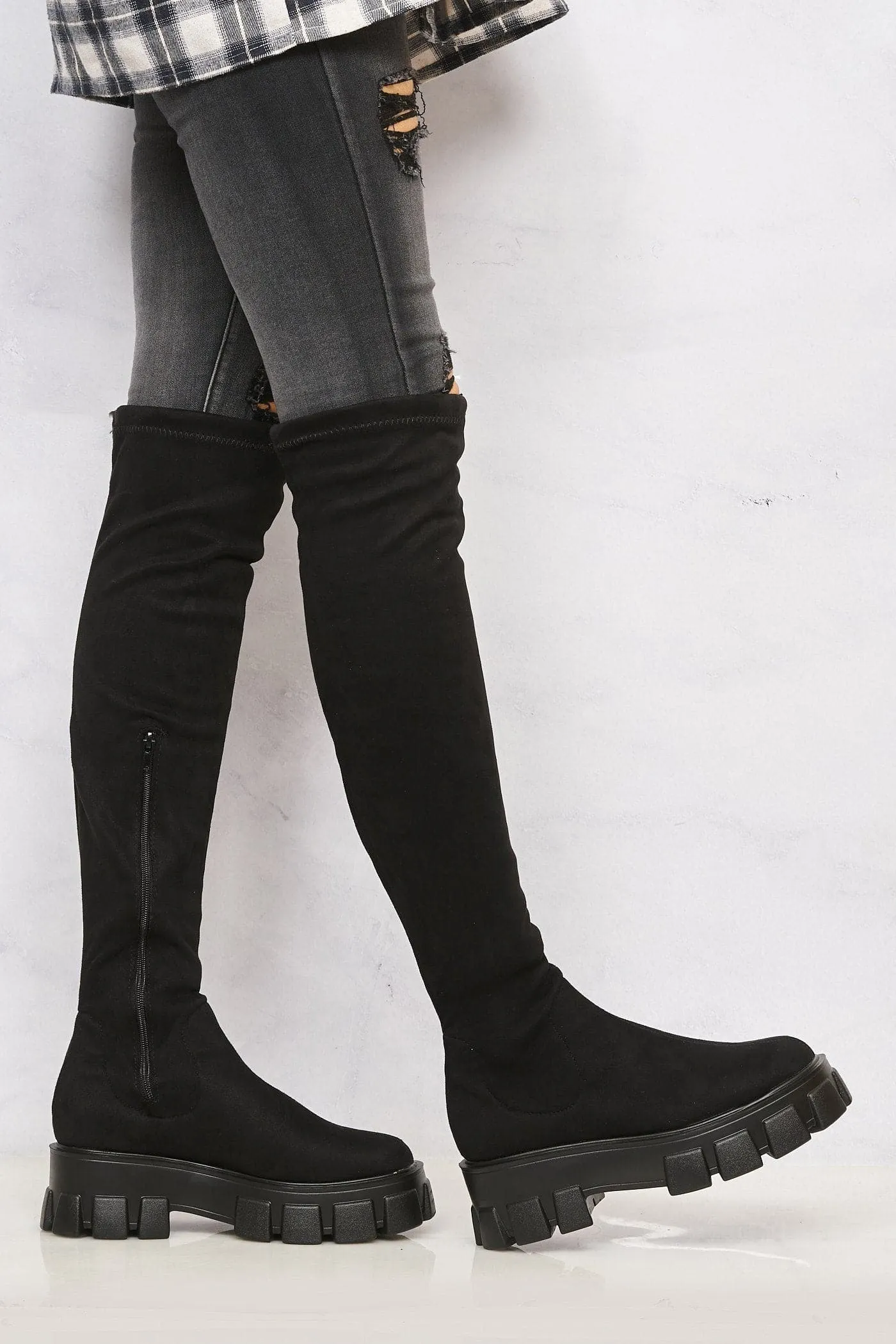 Keely Lycra Stretch OTK Boot in Black Suede