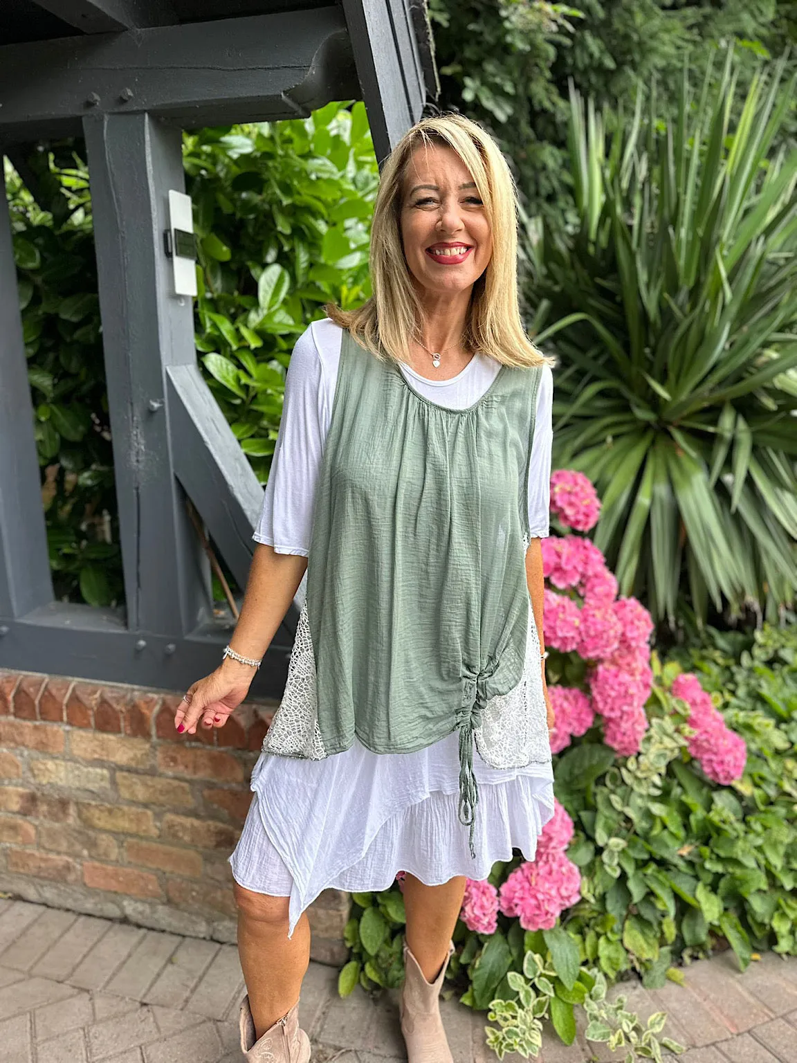 Khaki Layered Tie Detail Dress Wendy