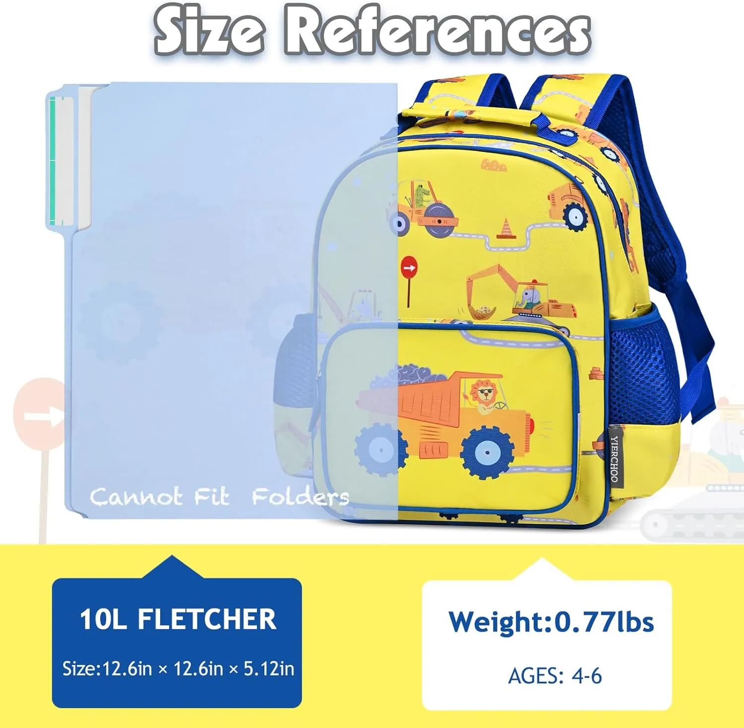 Kids Backpack for Boys Girls, Toddler Backpack Child Bookbag for Preschool Kindergarten Travel Daycare Water-Resistant Lightweight 12 Inches (Construction)