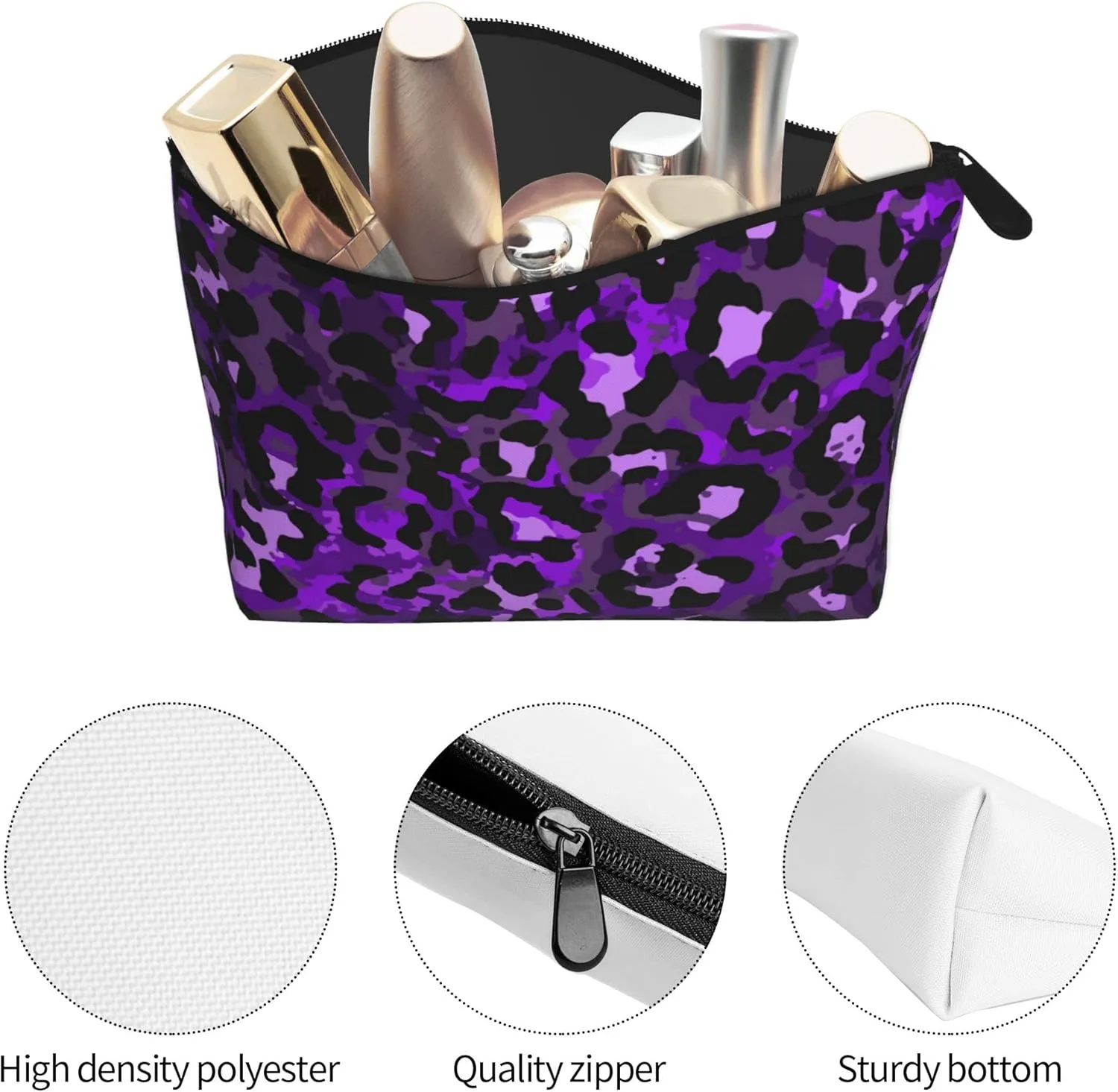 Ladies Makeup Bags Roomy Pouch Purse With Zipper Portable Travel Cosmetic Bag For Birthday Gifts Roomy purple cheetah leopard print Toiletry Bags