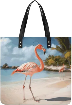 Ladies Soft Leather Wallet Leather Printed Handbags for Women Beach Flamingo Printed Satchel Tote Fashion Shoulder Bag Purses
