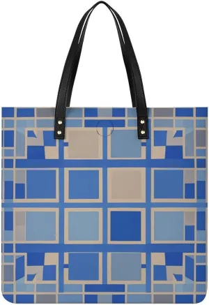 Ladies Soft Leather Wallet Leather Printed Handbags for Women Blue Beige Square Pattern Printed Satchel Tote Fashion Shoulder Bag Purses