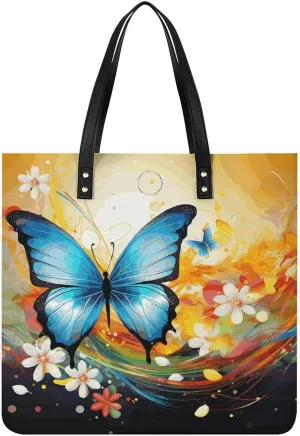Ladies Soft Leather Wallet Leather Printed Handbags for Women Colorful with Butterfly Printed Satchel Tote Fashion Shoulder Bag Purses