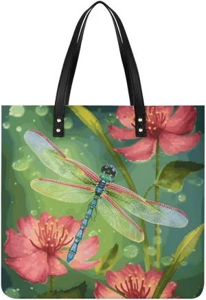 Ladies Soft Leather Wallet Leather Printed Handbags for Women Dragonflies And Flowers Printed Satchel Tote Fashion Shoulder Bag Purses