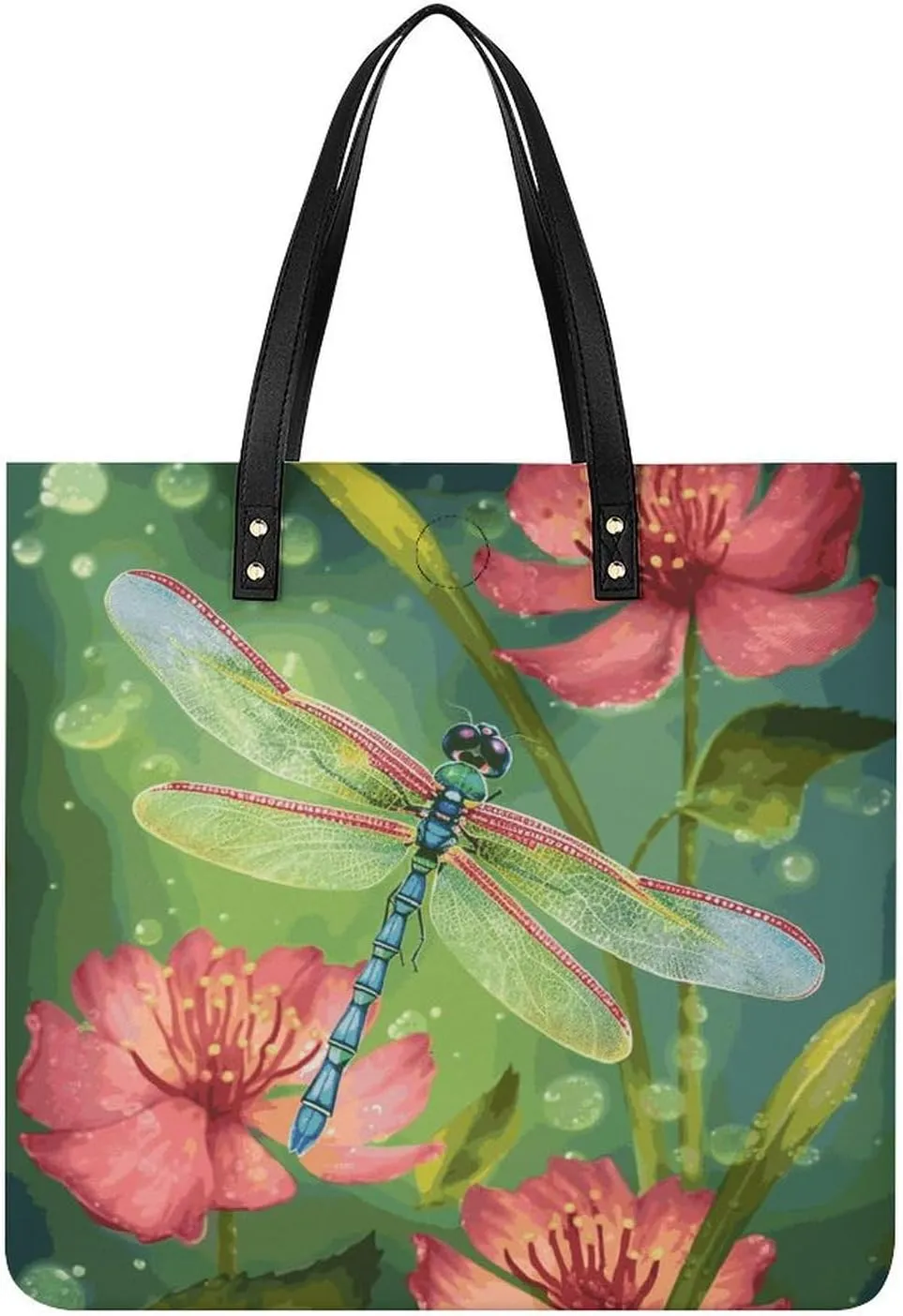 Ladies Soft Leather Wallet Leather Printed Handbags for Women Dragonflies And Flowers Printed Satchel Tote Fashion Shoulder Bag Purses