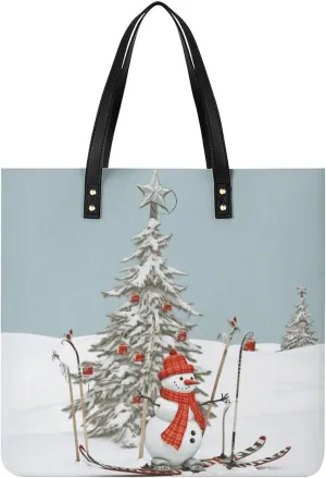 Ladies Soft Leather Wallet Leather Printed Handbags for Women Skiing Christmas Tree Printed Satchel Tote Fashion Shoulder Bag Purses