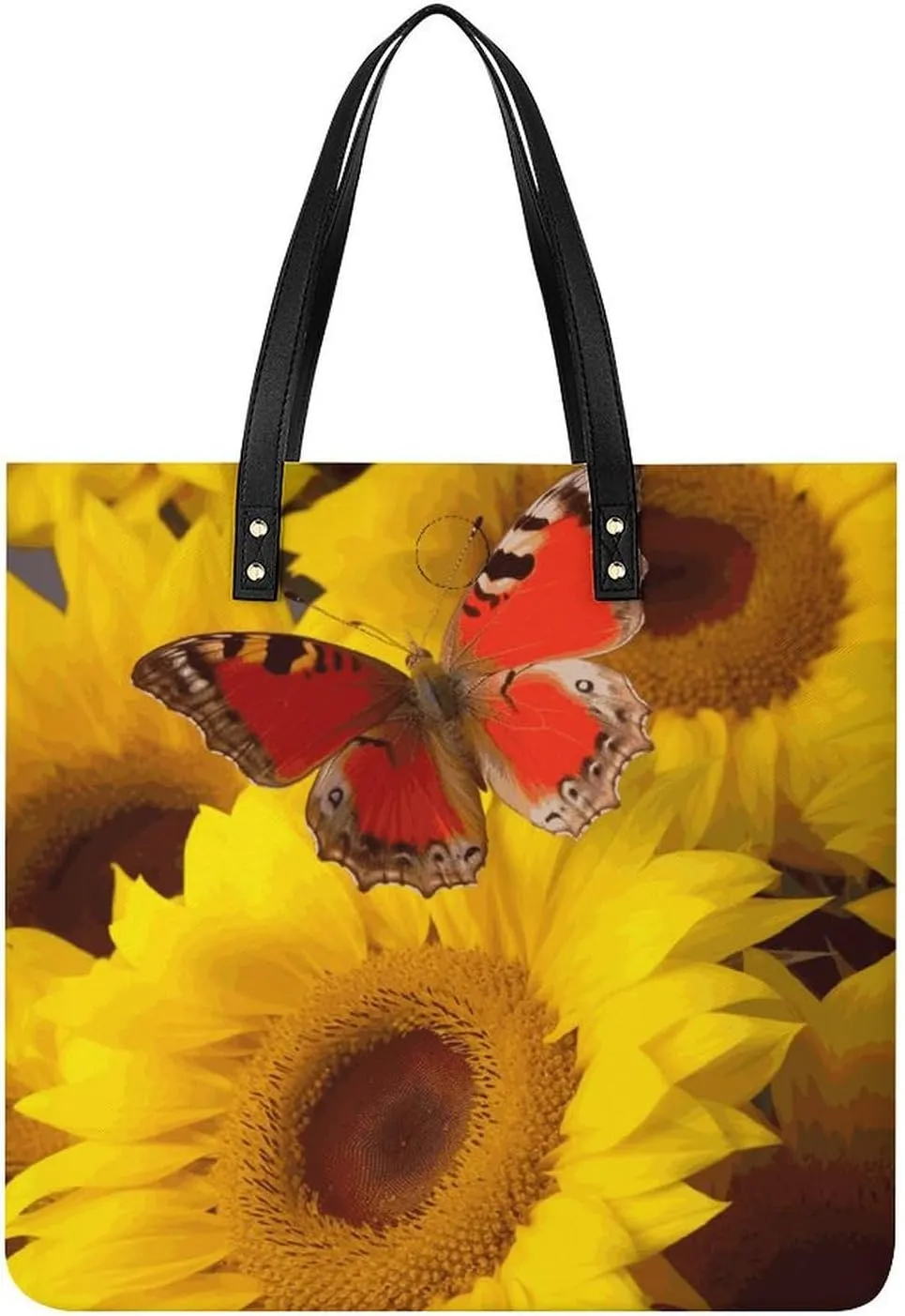 Ladies Soft Leather Wallet Leather Printed Handbags for Women Yellow Sunflowers with Red Butterfly Printed Satchel Tote Fashion Shoulder Bag Purses
