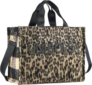 Laptop Tote Bag for Women Leopard Faux Suede Teacher Nurse Tote Bags for Work Travel with Zipper Closure