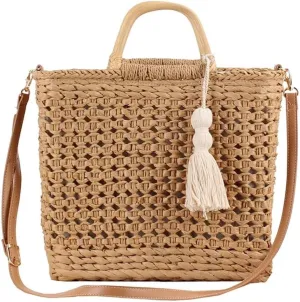 Large Square Straw Woven Handbag Beach Handmade Hollow Shoulder Bag Retro Tote Purse for Travel Dating Vacation, One Color, One Size