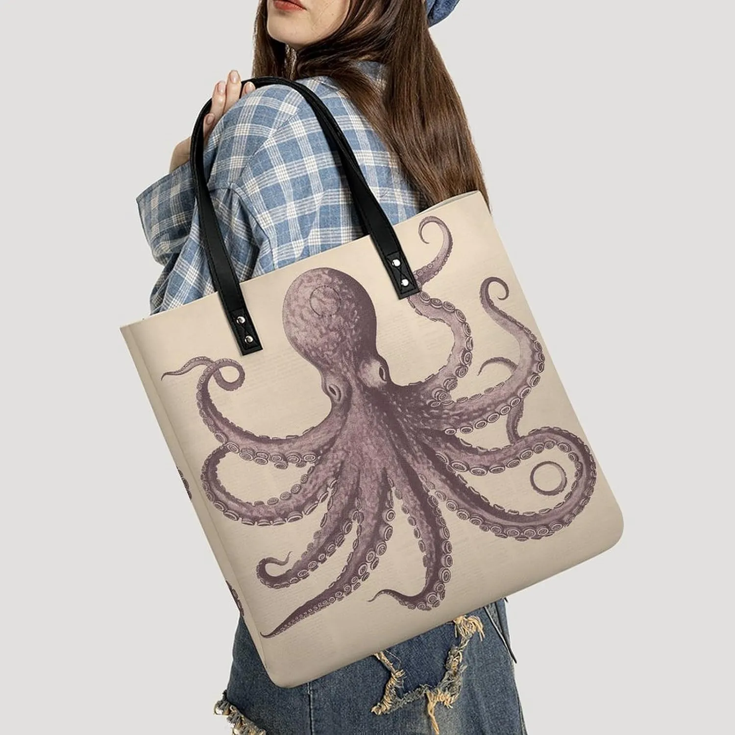 Leather Handbag for Women Tote Bag with Magnetic Buckle Vintage Octopus Crossbody Bag Shoulder Bags
