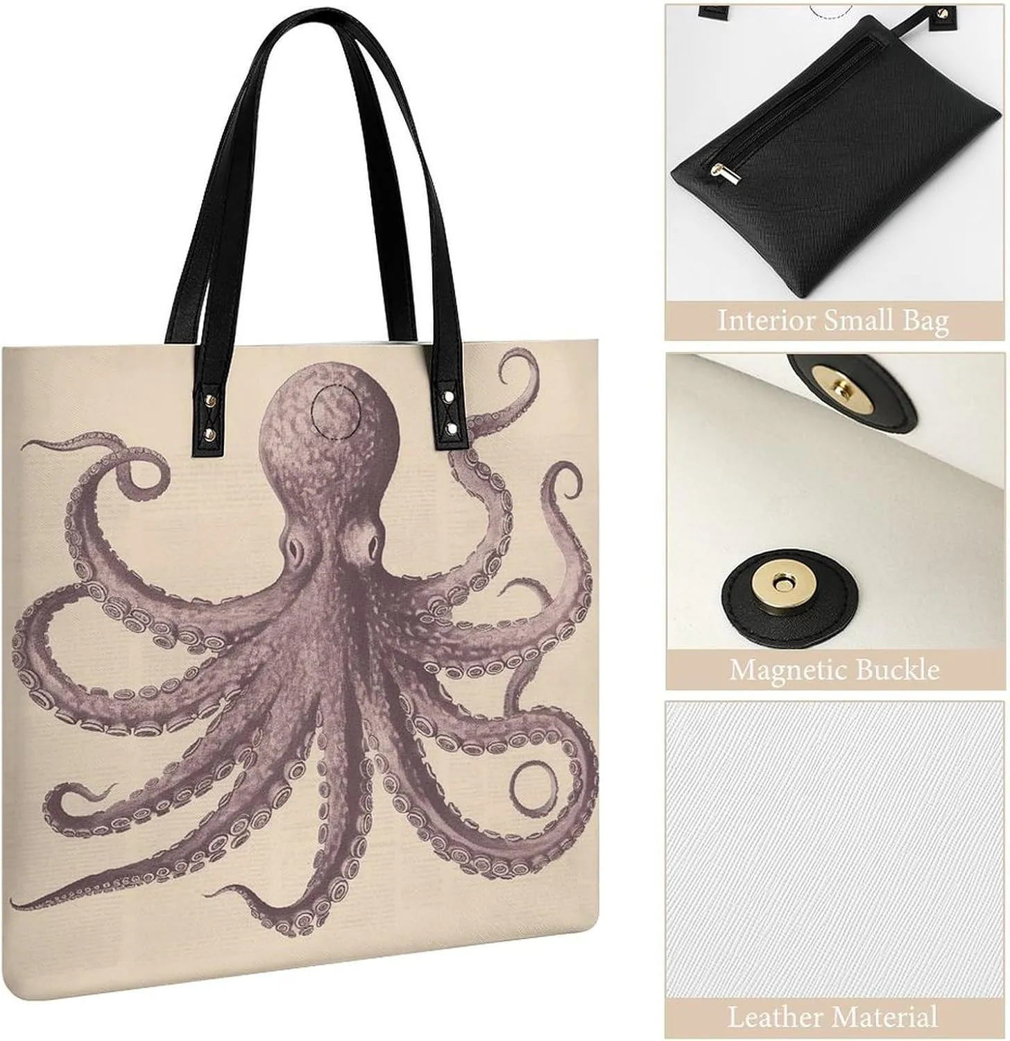 Leather Handbag for Women Tote Bag with Magnetic Buckle Vintage Octopus Crossbody Bag Shoulder Bags