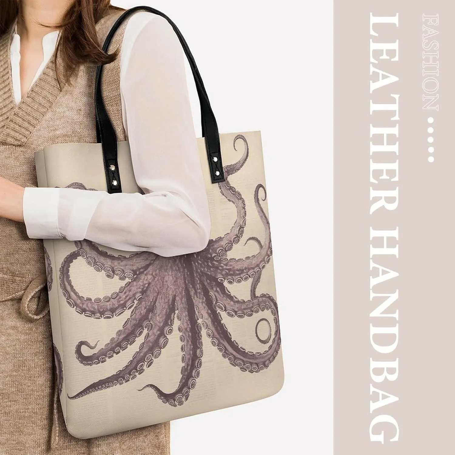 Leather Handbag for Women Tote Bag with Magnetic Buckle Vintage Octopus Crossbody Bag Shoulder Bags