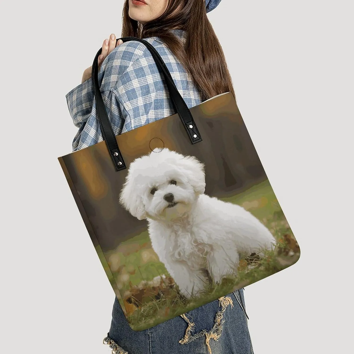 Leather Handbag for Women Tote Bag with Magnetic Buckle Yorkie Puppy Crossbody Bag Shoulder Bags