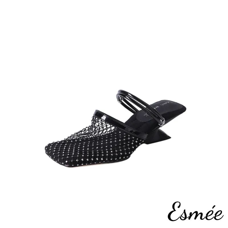 Leather High Heel Mules with Net Design