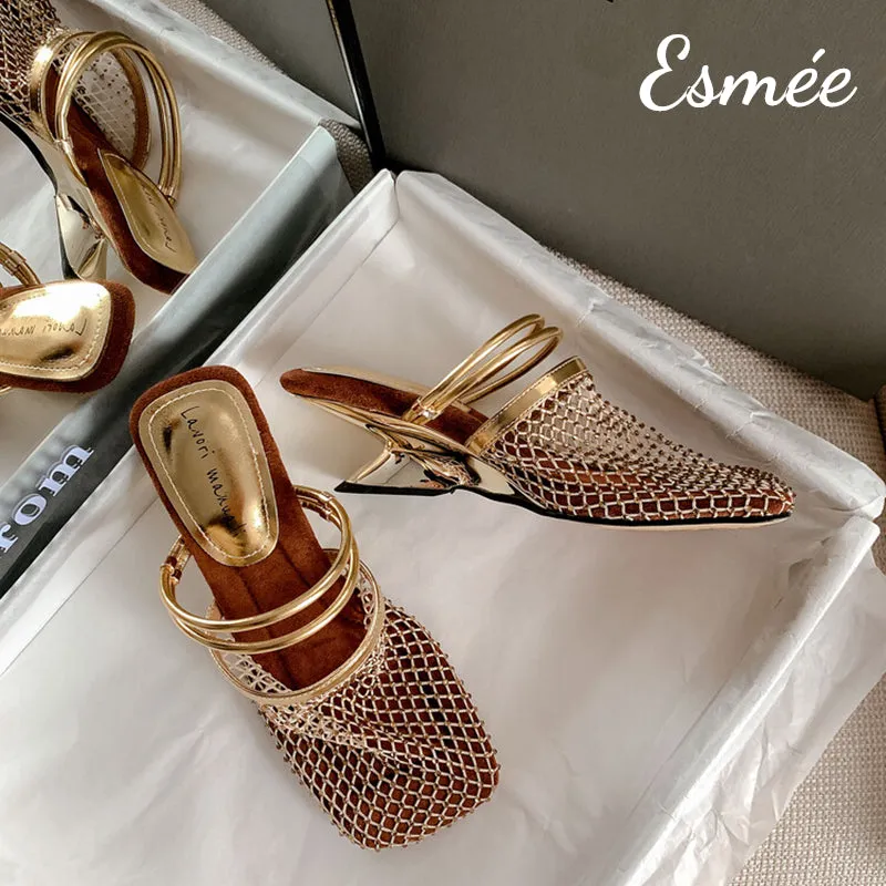 Leather High Heel Mules with Net Design