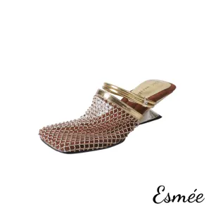 Leather High Heel Mules with Net Design