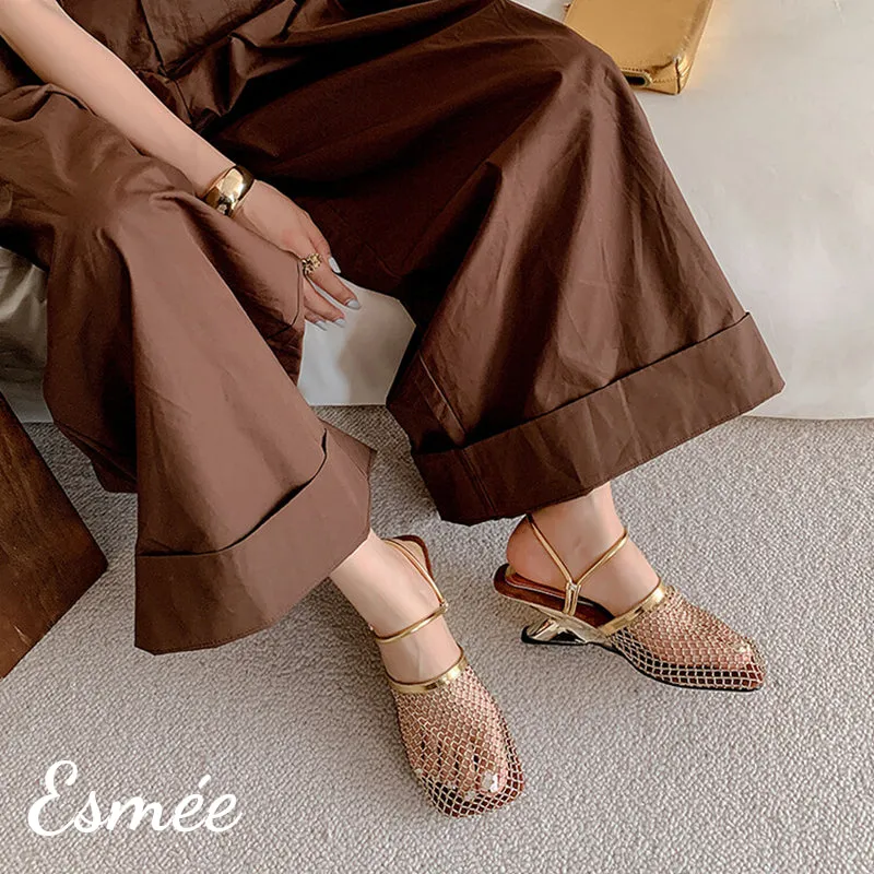 Leather High Heel Mules with Net Design