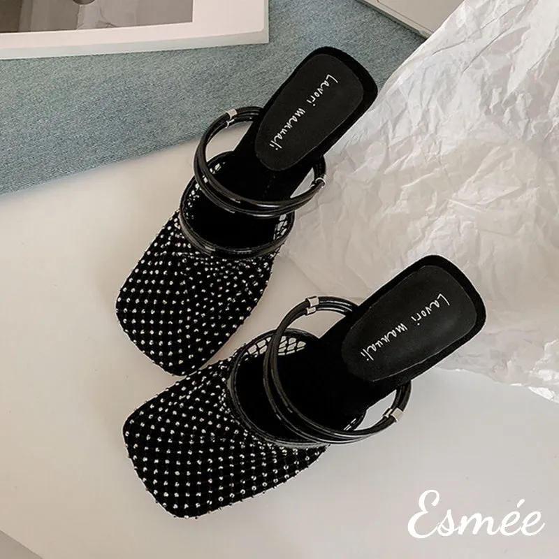Leather High Heel Mules with Net Design