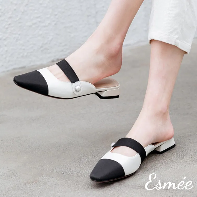Leather Mules with Straps and Black Almond Toe