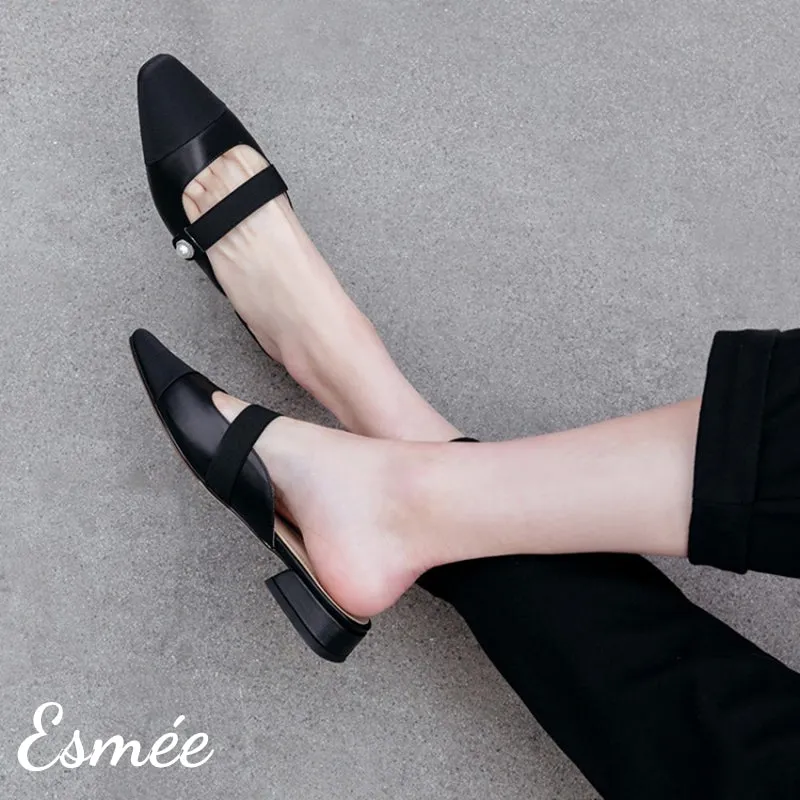 Leather Mules with Straps and Black Almond Toe