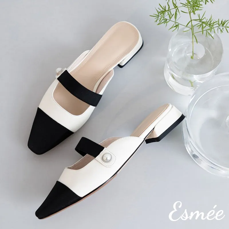 Leather Mules with Straps and Black Almond Toe