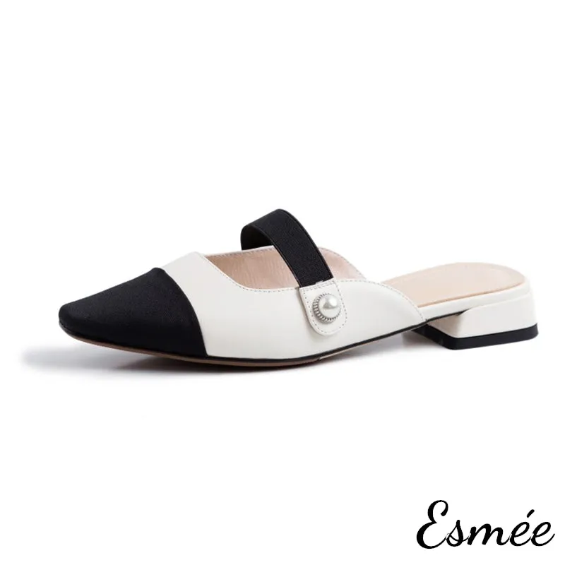 Leather Mules with Straps and Black Almond Toe