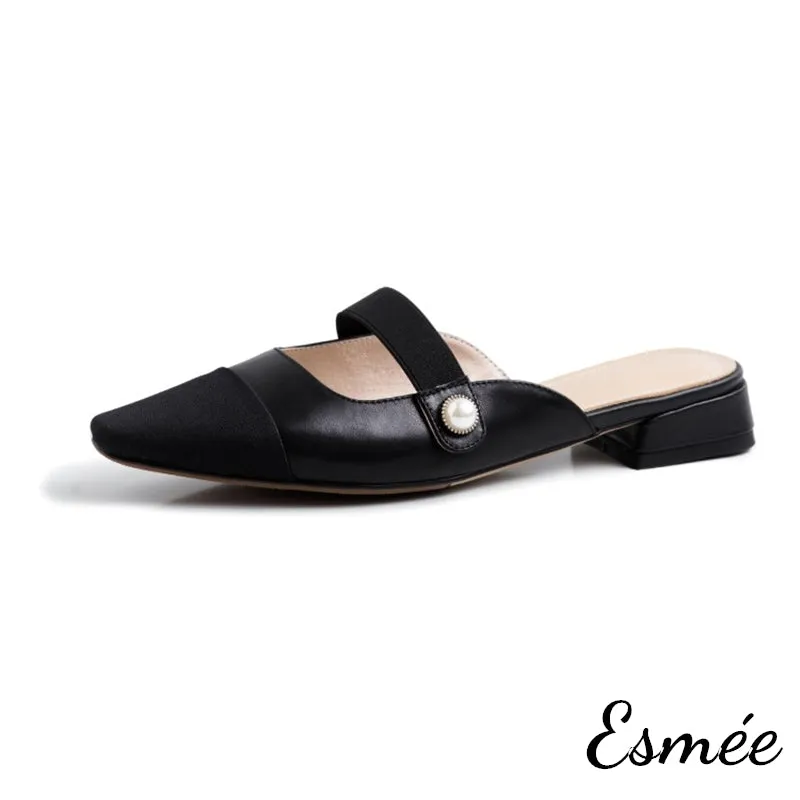 Leather Mules with Straps and Black Almond Toe