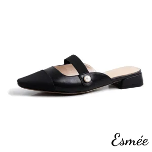 Leather Mules with Straps and Black Almond Toe