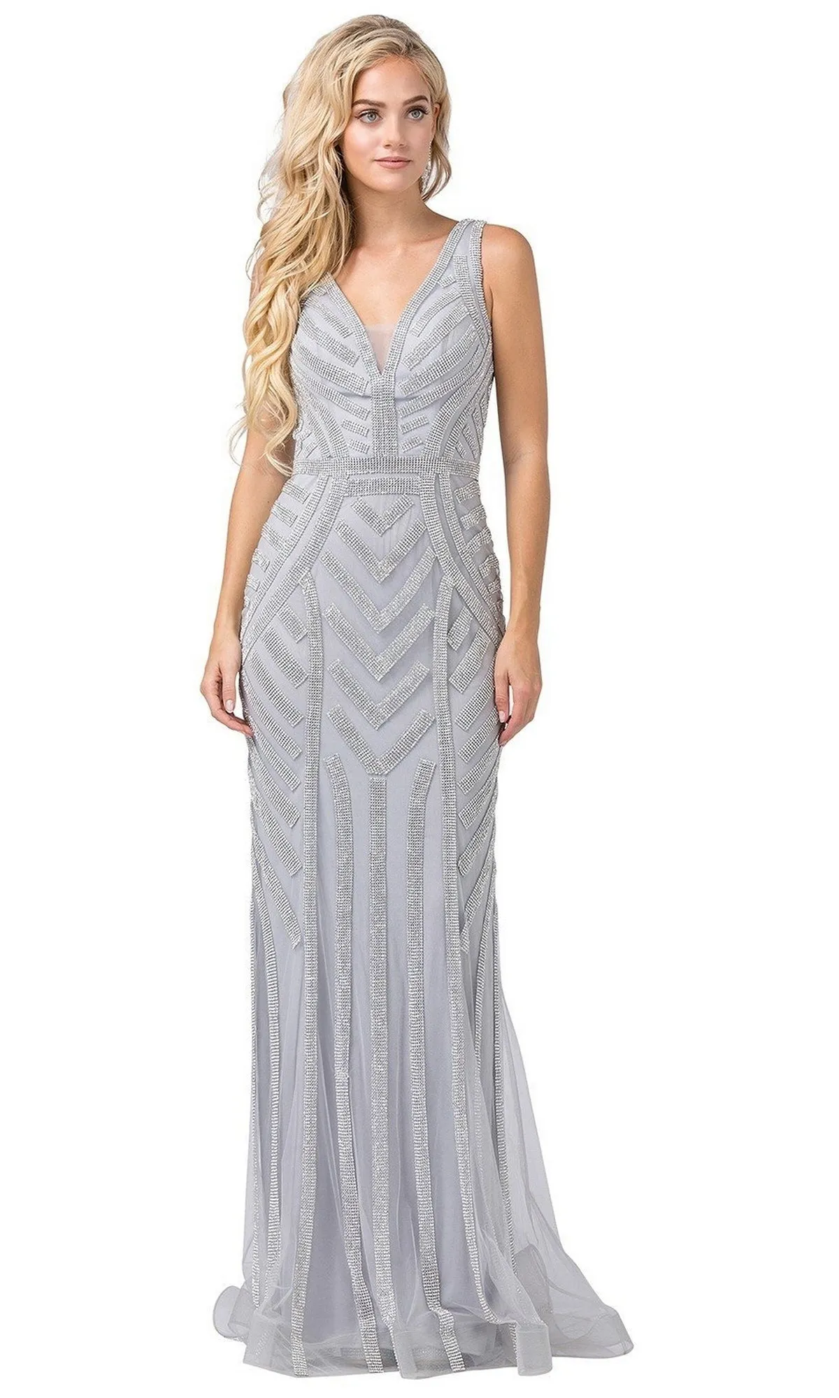 Long Formal Dress with Beaded Stripes
