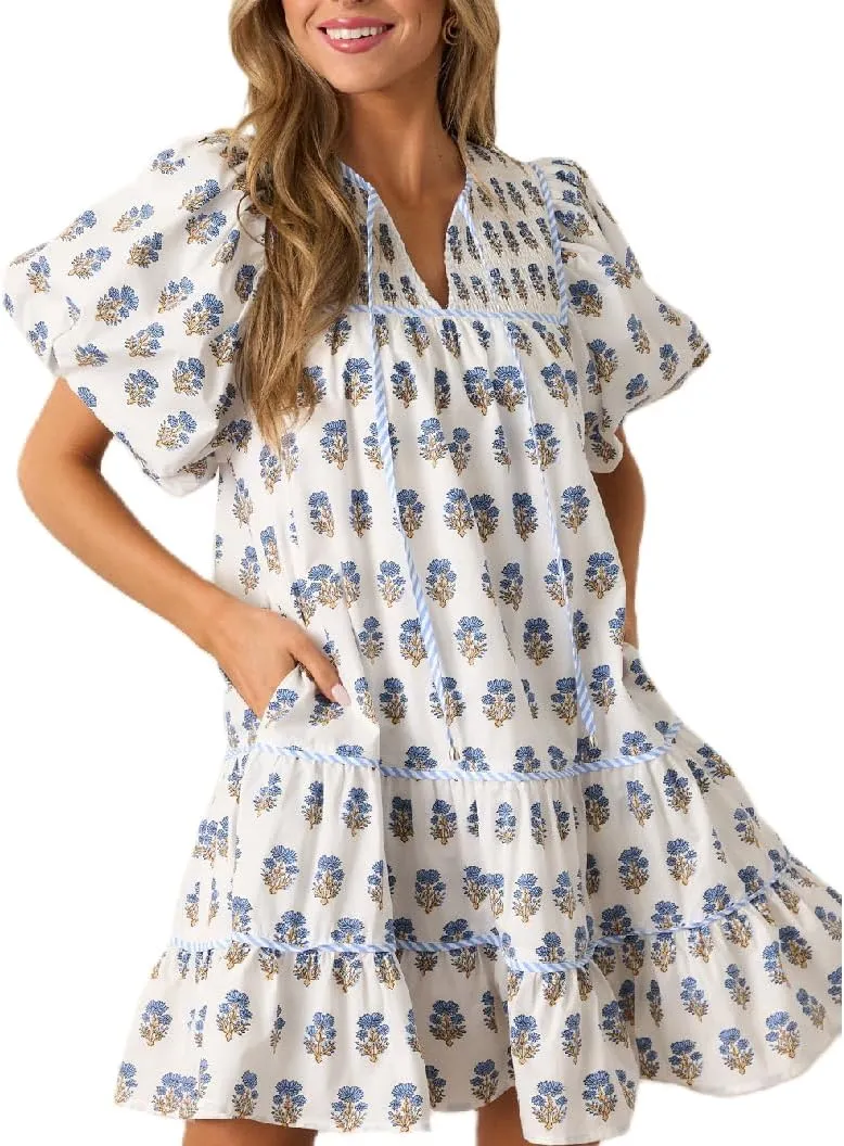 Lordree Women Boho Ruffle Sleeve Mini Dress Summer Trendy Floral Print Short Sleeve V Neck Cute Babydoll Loose Flowy Dress