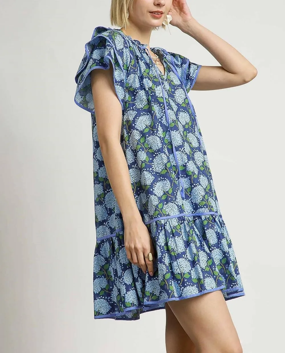 Lordree Women Boho Ruffle Sleeve Mini Dress Summer Trendy Floral Print Short Sleeve V Neck Cute Babydoll Loose Flowy Dress