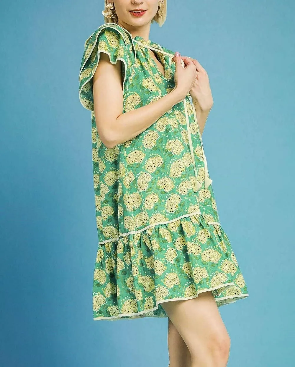 Lordree Women Boho Ruffle Sleeve Mini Dress Summer Trendy Floral Print Short Sleeve V Neck Cute Babydoll Loose Flowy Dress
