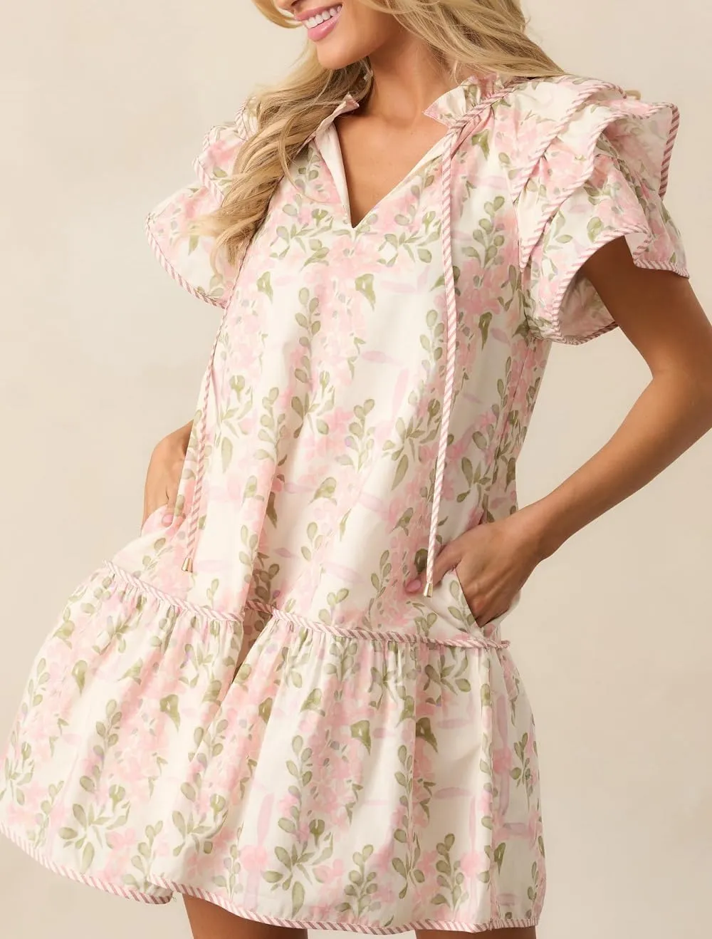 Lordree Women Boho Ruffle Sleeve Mini Dress Summer Trendy Floral Print Short Sleeve V Neck Cute Babydoll Loose Flowy Dress