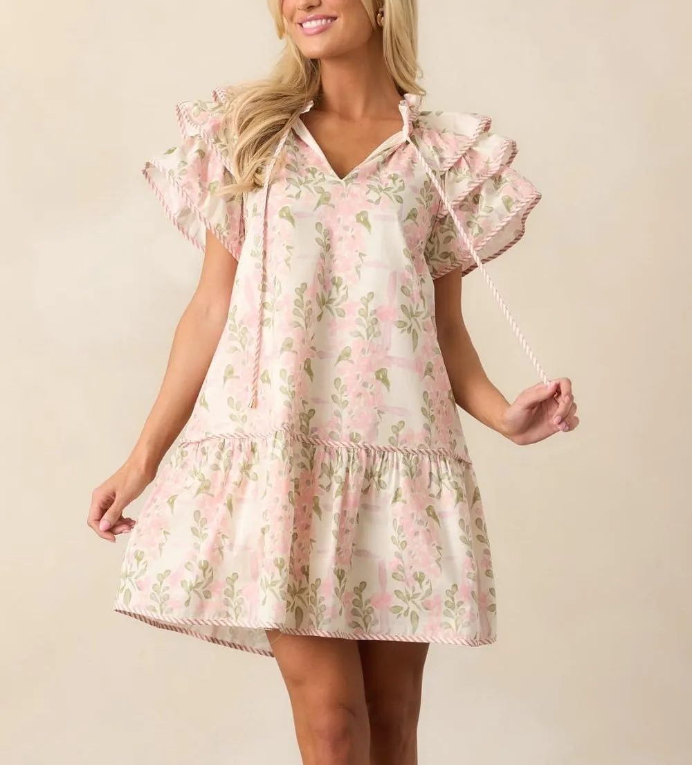 Lordree Women Boho Ruffle Sleeve Mini Dress Summer Trendy Floral Print Short Sleeve V Neck Cute Babydoll Loose Flowy Dress