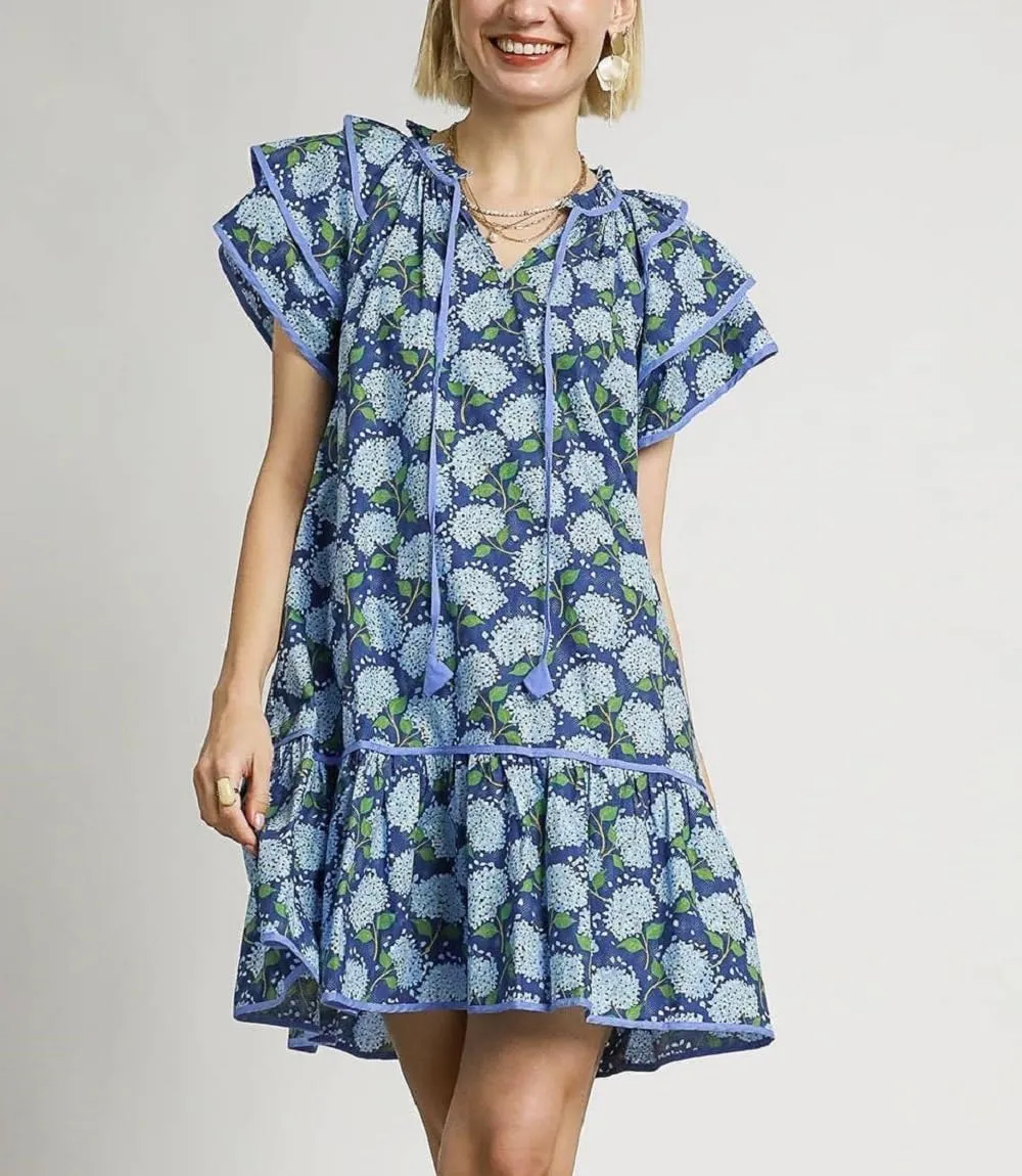 Lordree Women Boho Ruffle Sleeve Mini Dress Summer Trendy Floral Print Short Sleeve V Neck Cute Babydoll Loose Flowy Dress
