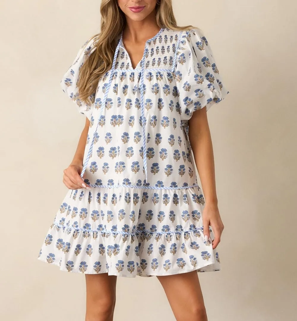 Lordree Women Boho Ruffle Sleeve Mini Dress Summer Trendy Floral Print Short Sleeve V Neck Cute Babydoll Loose Flowy Dress