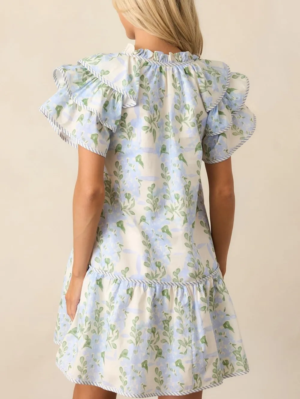 Lordree Women Boho Ruffle Sleeve Mini Dress Summer Trendy Floral Print Short Sleeve V Neck Cute Babydoll Loose Flowy Dress