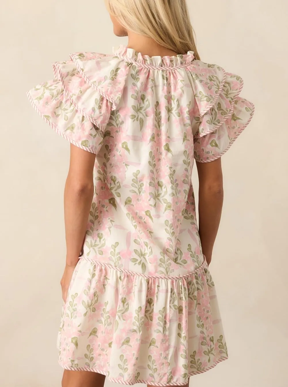 Lordree Women Boho Ruffle Sleeve Mini Dress Summer Trendy Floral Print Short Sleeve V Neck Cute Babydoll Loose Flowy Dress