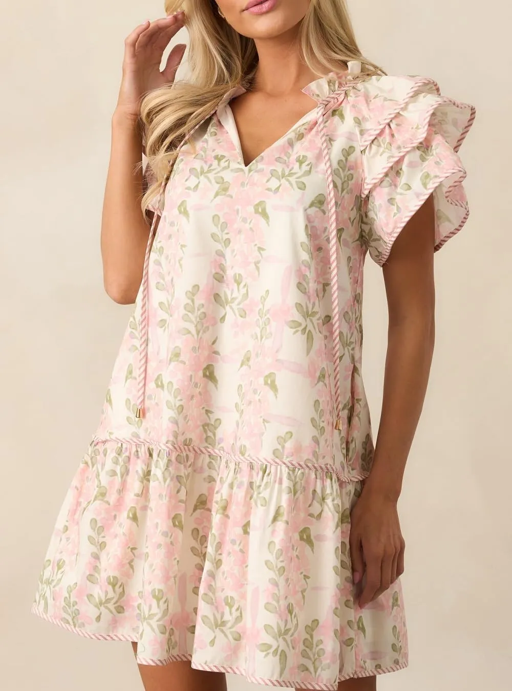 Lordree Women Boho Ruffle Sleeve Mini Dress Summer Trendy Floral Print Short Sleeve V Neck Cute Babydoll Loose Flowy Dress
