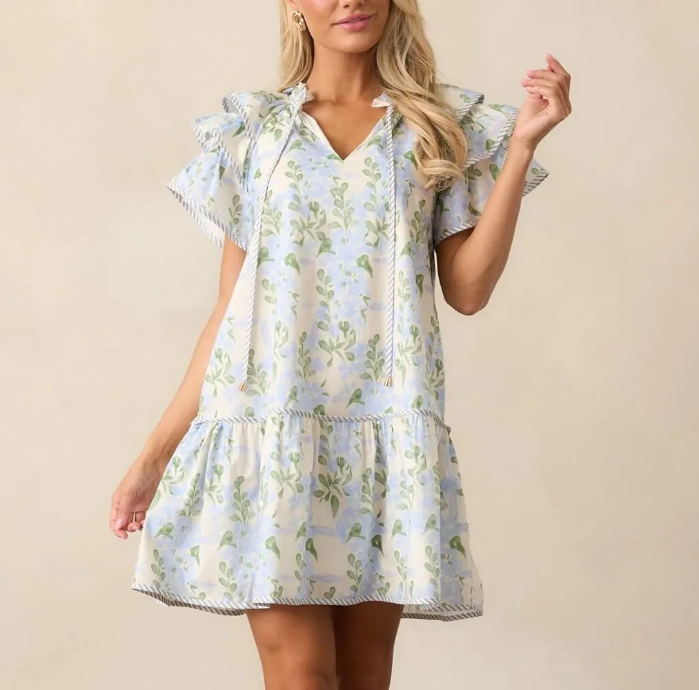 Lordree Women Boho Ruffle Sleeve Mini Dress Summer Trendy Floral Print Short Sleeve V Neck Cute Babydoll Loose Flowy Dress
