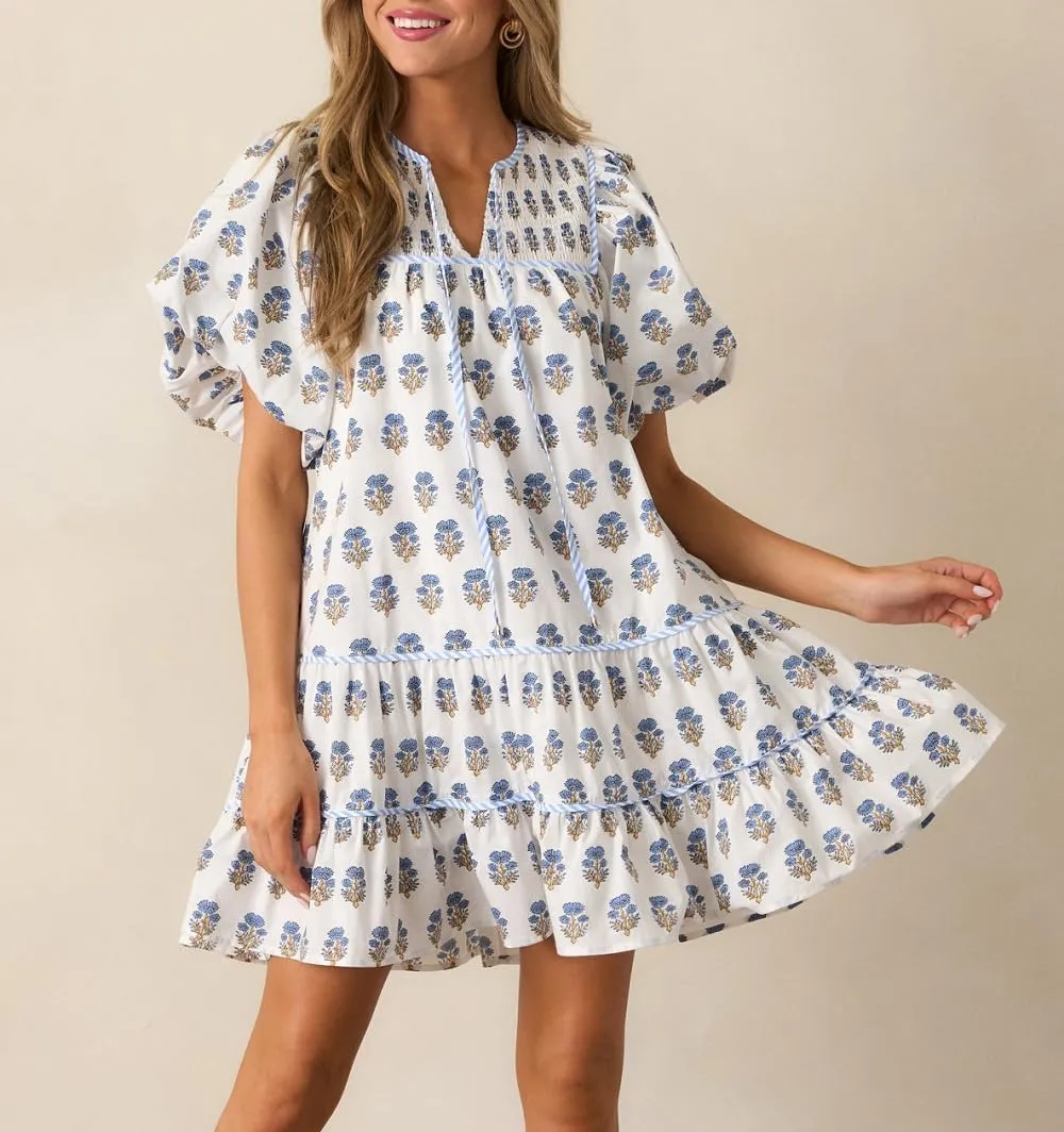 Lordree Women Boho Ruffle Sleeve Mini Dress Summer Trendy Floral Print Short Sleeve V Neck Cute Babydoll Loose Flowy Dress