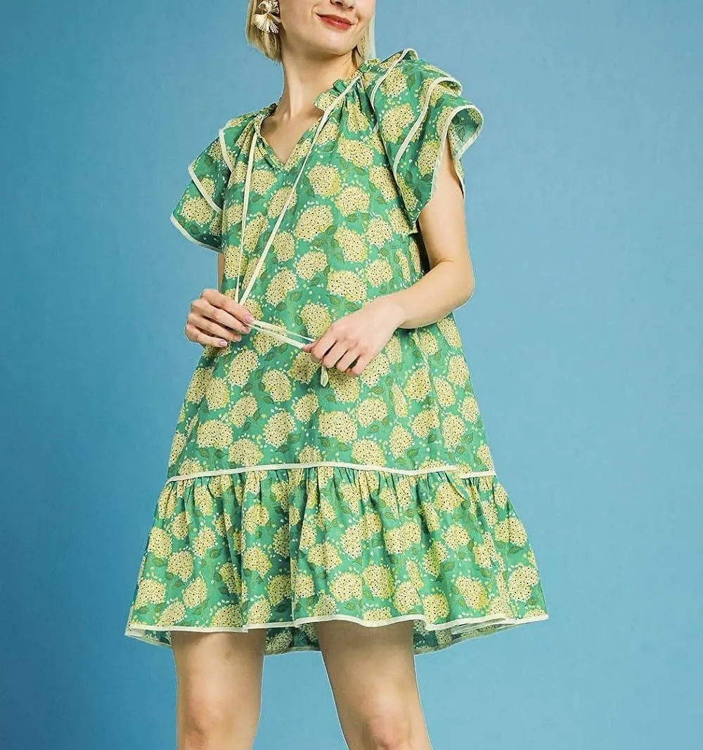 Lordree Women Boho Ruffle Sleeve Mini Dress Summer Trendy Floral Print Short Sleeve V Neck Cute Babydoll Loose Flowy Dress