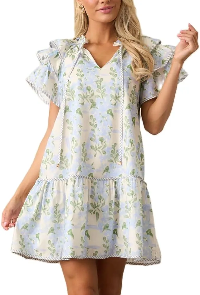 Lordree Women Boho Ruffle Sleeve Mini Dress Summer Trendy Floral Print Short Sleeve V Neck Cute Babydoll Loose Flowy Dress