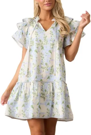 Lordree Women Boho Ruffle Sleeve Mini Dress Summer Trendy Floral Print Short Sleeve V Neck Cute Babydoll Loose Flowy Dress