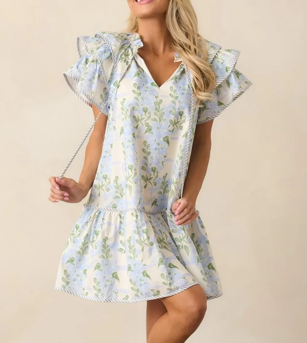 Lordree Women Boho Ruffle Sleeve Mini Dress Summer Trendy Floral Print Short Sleeve V Neck Cute Babydoll Loose Flowy Dress