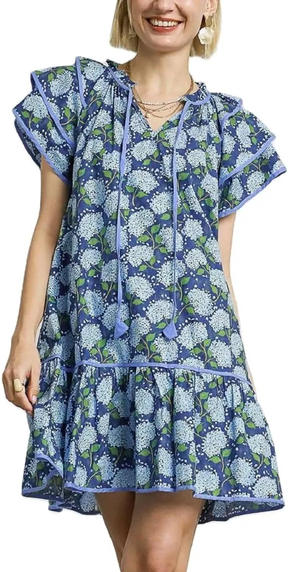 Lordree Women Boho Ruffle Sleeve Mini Dress Summer Trendy Floral Print Short Sleeve V Neck Cute Babydoll Loose Flowy Dress