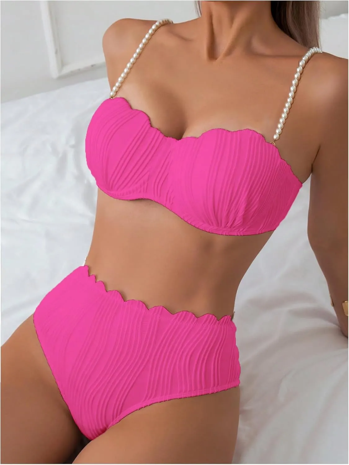 MakeMeChic Women's 2 Piece Bikini Set Textured Pearl Beaded Strap Scallop Trim High Waist Swimsuit