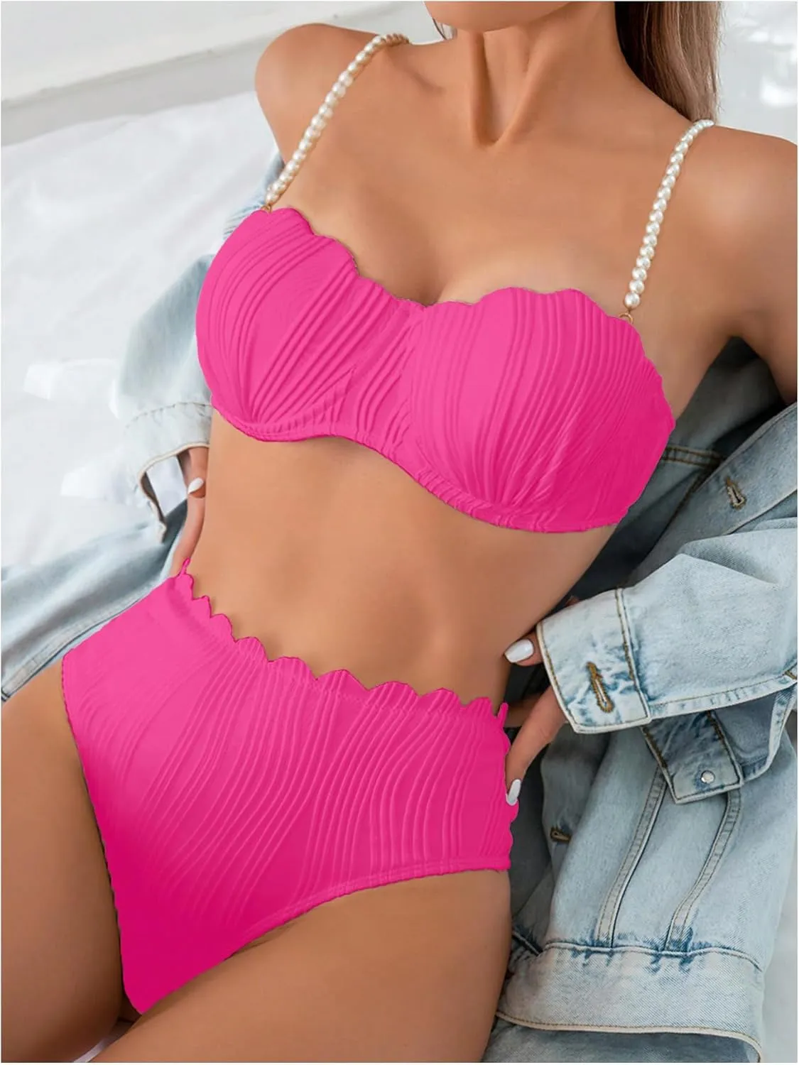 MakeMeChic Women's 2 Piece Bikini Set Textured Pearl Beaded Strap Scallop Trim High Waist Swimsuit