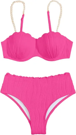 MakeMeChic Women's 2 Piece Bikini Set Textured Pearl Beaded Strap Scallop Trim High Waist Swimsuit
