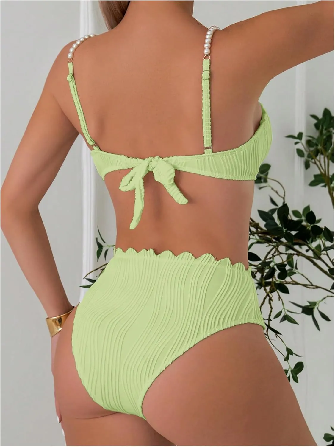 MakeMeChic Women's 2 Piece Bikini Set Textured Pearl Beaded Strap Scallop Trim High Waist Swimsuit